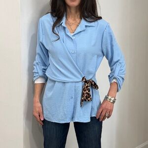 MADE IN ITALY Blue Wrap Top with Leopard Accent